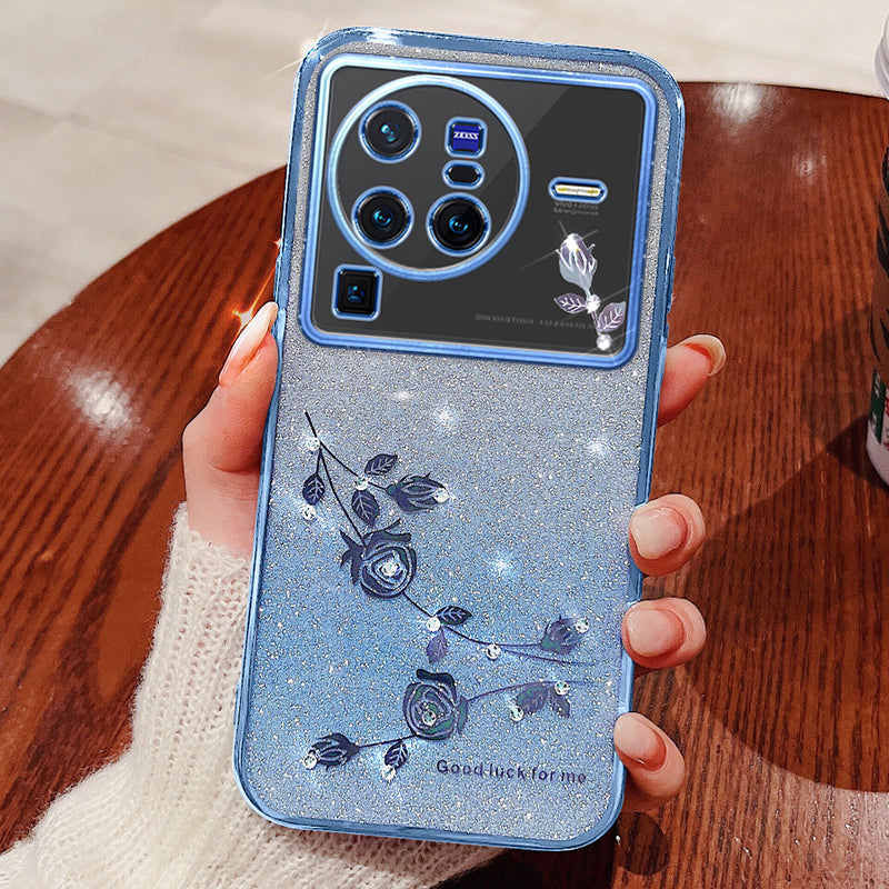 For vivo X80 Pro 5G Gradient Glitter Powder TPU Protective Cover Stylish Rhinestone Decor Flower Pattern Phone Back Case For vivo X80 Pro 5G Gradient Glitter Powder TPU Protective Cover Stylish Rhinestone Decor Flower Pattern Phone Back Case